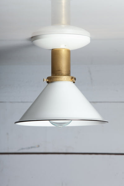 White Metal Cone Shade - Brass Ceiling Mount Light