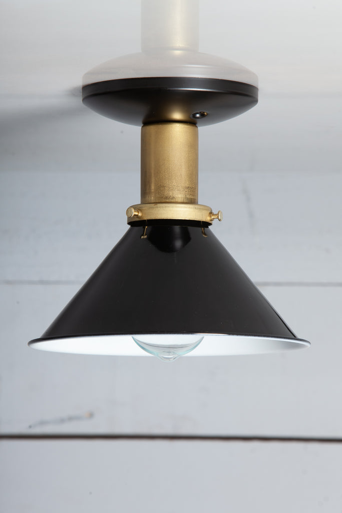 Black Metal Cone Shade - Brass Ceiling Mount Light