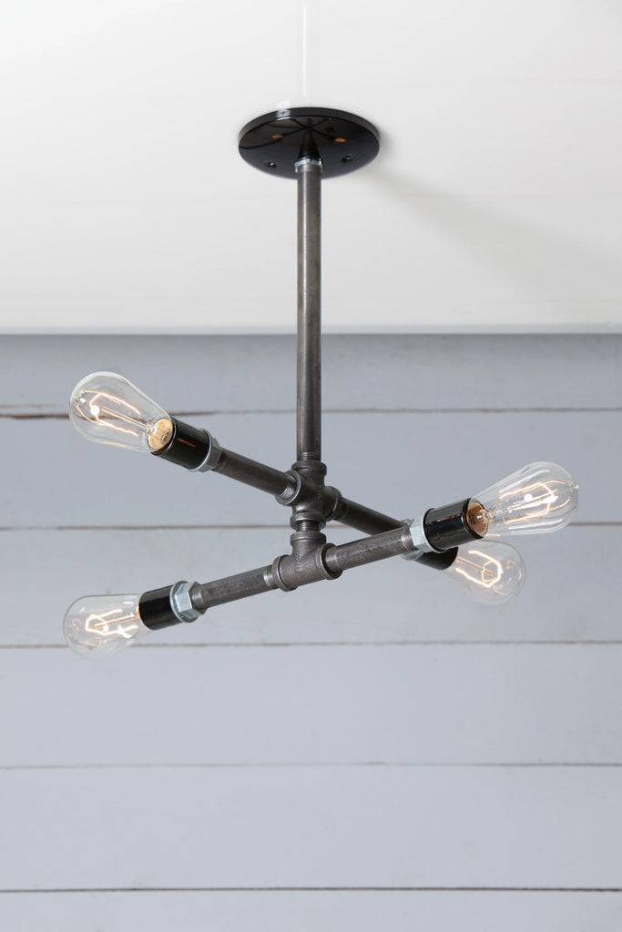 Industrial Black Pipe Chandelier - 4 Bare Bulbs - Black Iron