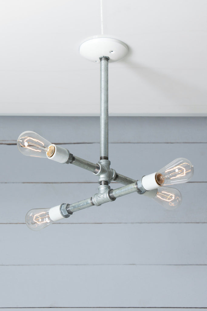 Industrial Pipe Chandelier - 4 Bare Bulbs - Galvanized