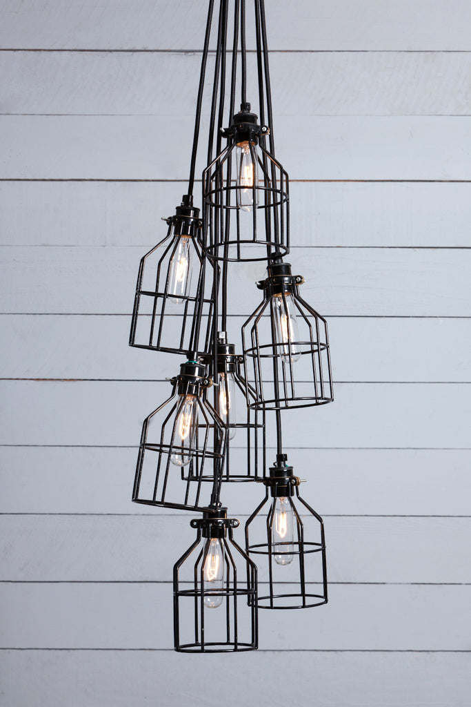 Industrial Chandelier - Black Wire Cage - 7 Light Cluster