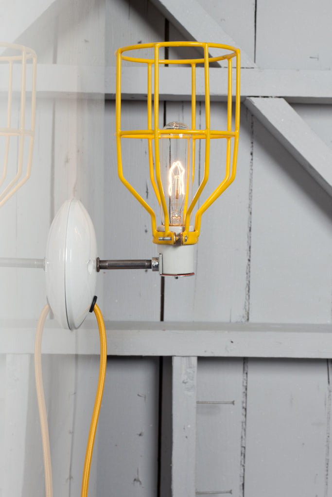 Industrial Wall Light - Yellow Wire Cage Lamp - Plug In - Industrial Light Electric - 1