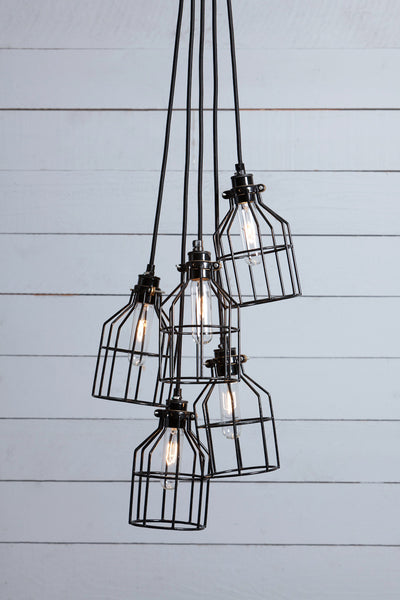 Industrial Chandelier - Black Wire Cage - 5 Light Cluster