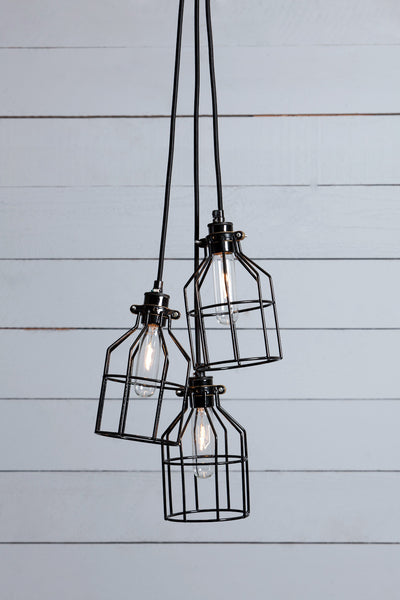 Industrial Chandelier - Black Wire Cage - 3 Light Cluster